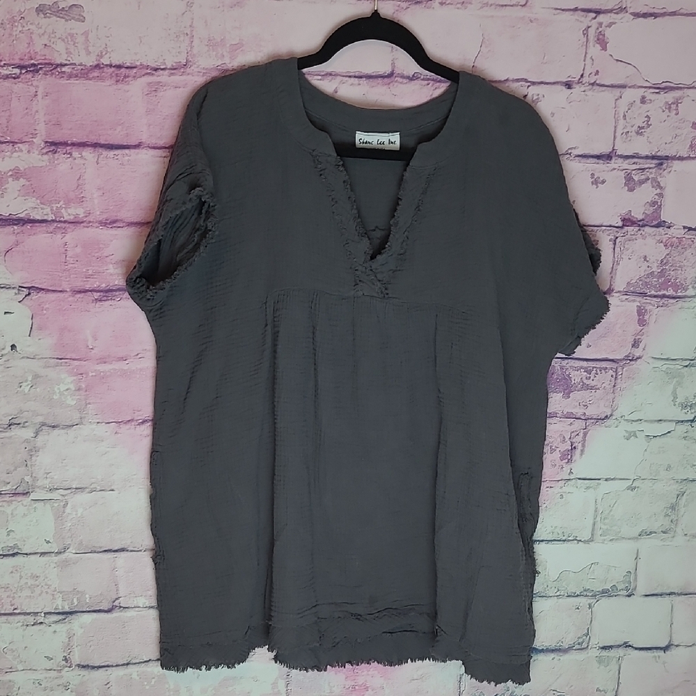 SHANE LEE INC SLUB COTTON CHARCOAL GRAY RAW EDGE POCKET TEE LARGE BOHO LAGENLOOK